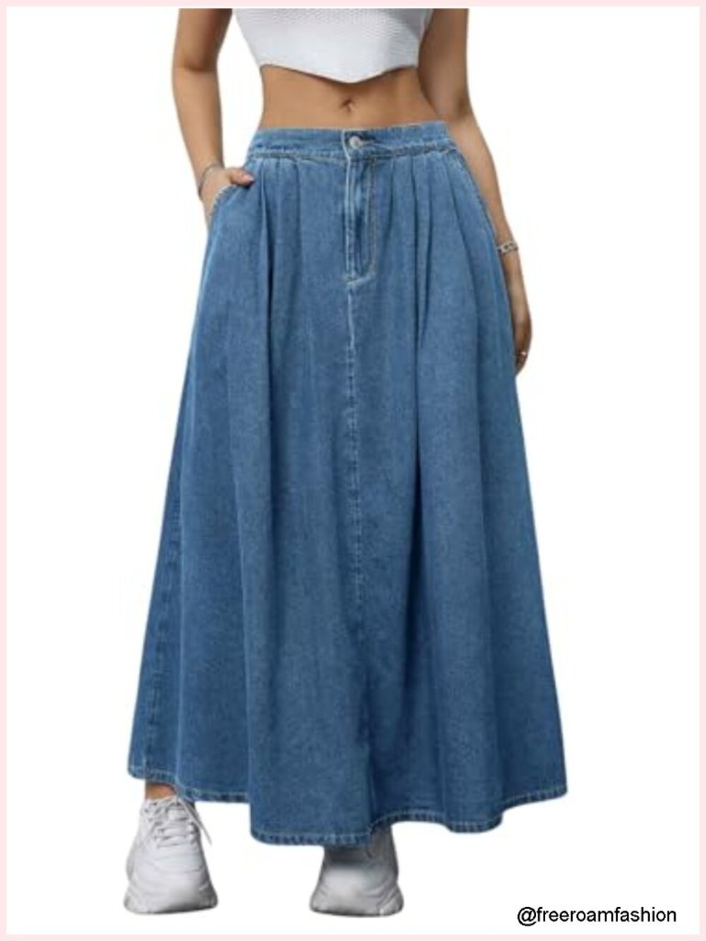 Women's Casual Pleated Back-Elastic Waist A-line Flowy Draped Maxi Denim Skirt